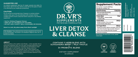 Supplement label for Dr. VR's Liver Detox & Cleanse on a green background. liver Health and detox.