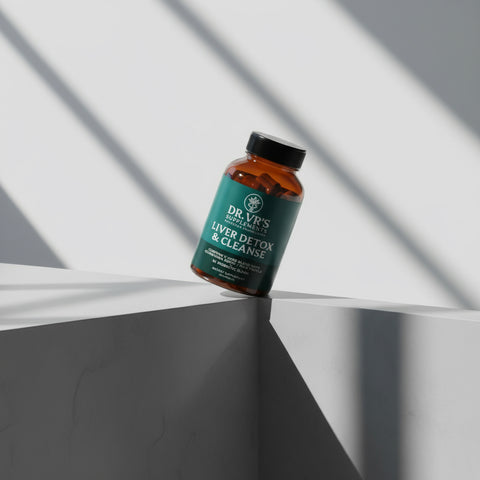 Dr. VR's Liver Detox & Cleanse supplement bottle on a white background. Liver Detox and cleanse with Probiotic blend. 
